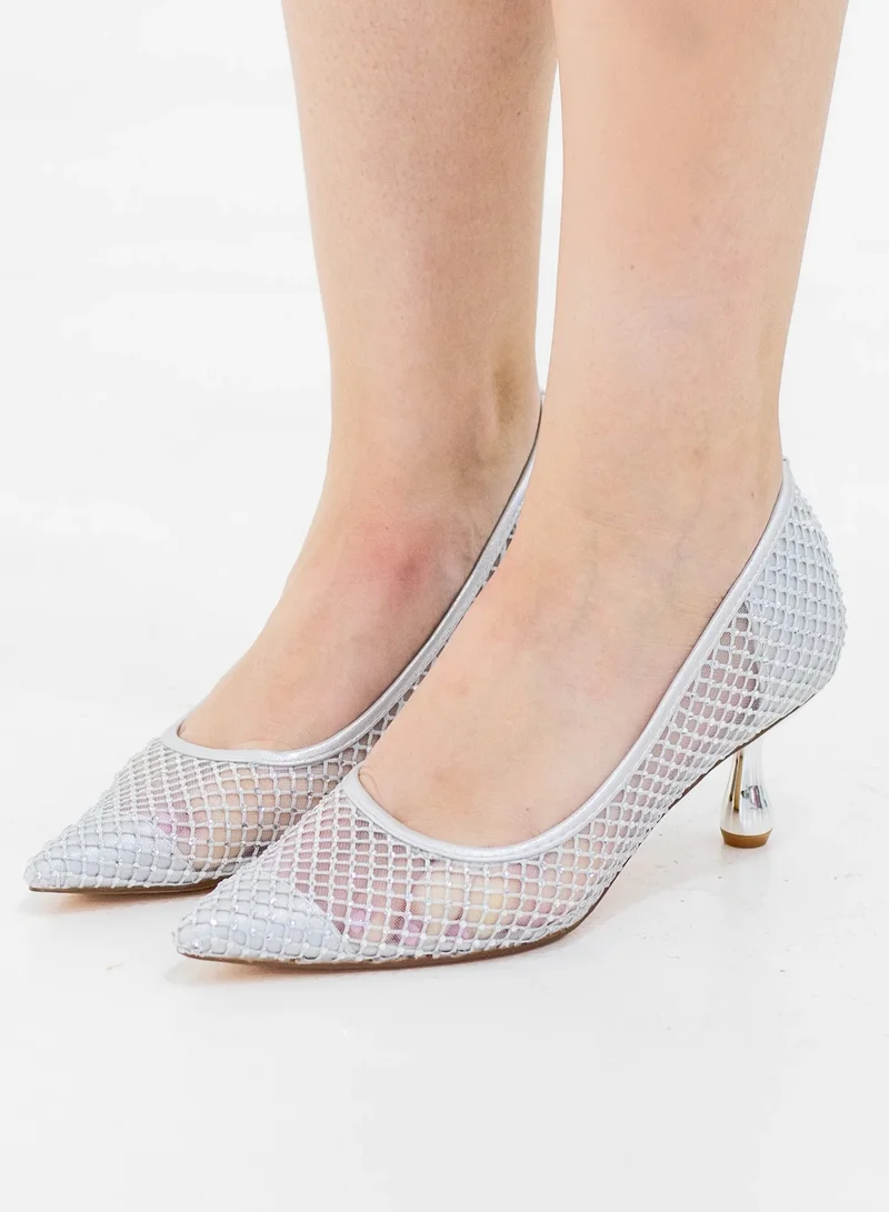 لاماراباريس حذاء طاهرة بكعب منخفض شبكي مرصع بالماس فضي